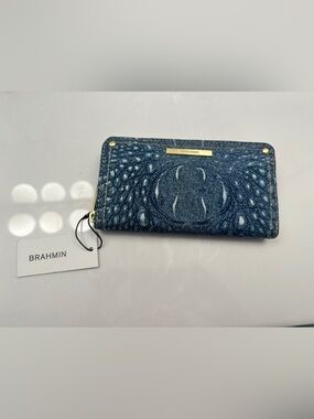 Brahmin Blue Denim-Print Leather Zip Wallet with Gold Trim